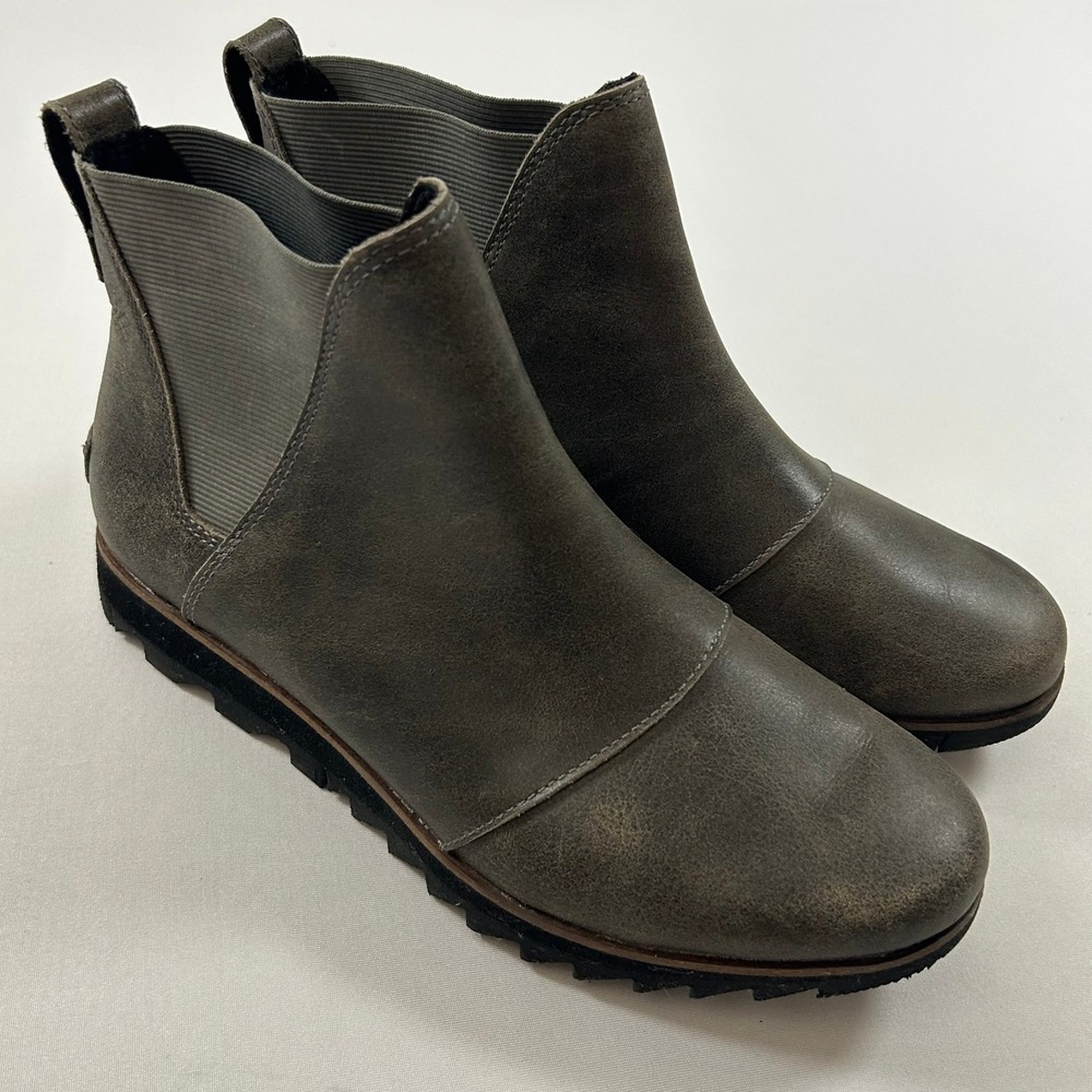 Sorel Boots Womens 8 Gray Brown Harlow Chelsea Leather Waterproof Outdoor Ankle